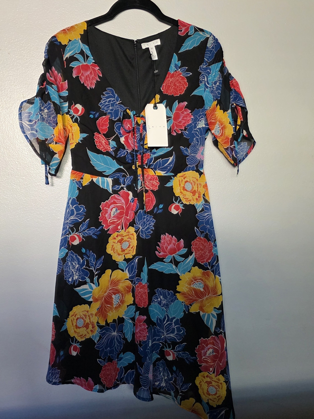 Leith Black Midi Dress with Yellow, Pink & Blue Floral Print